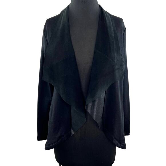 HEATHER Black Leather & Ponte Fabric Draped Open Front Asymmetric Jacket Small S - Picture 1 of 7